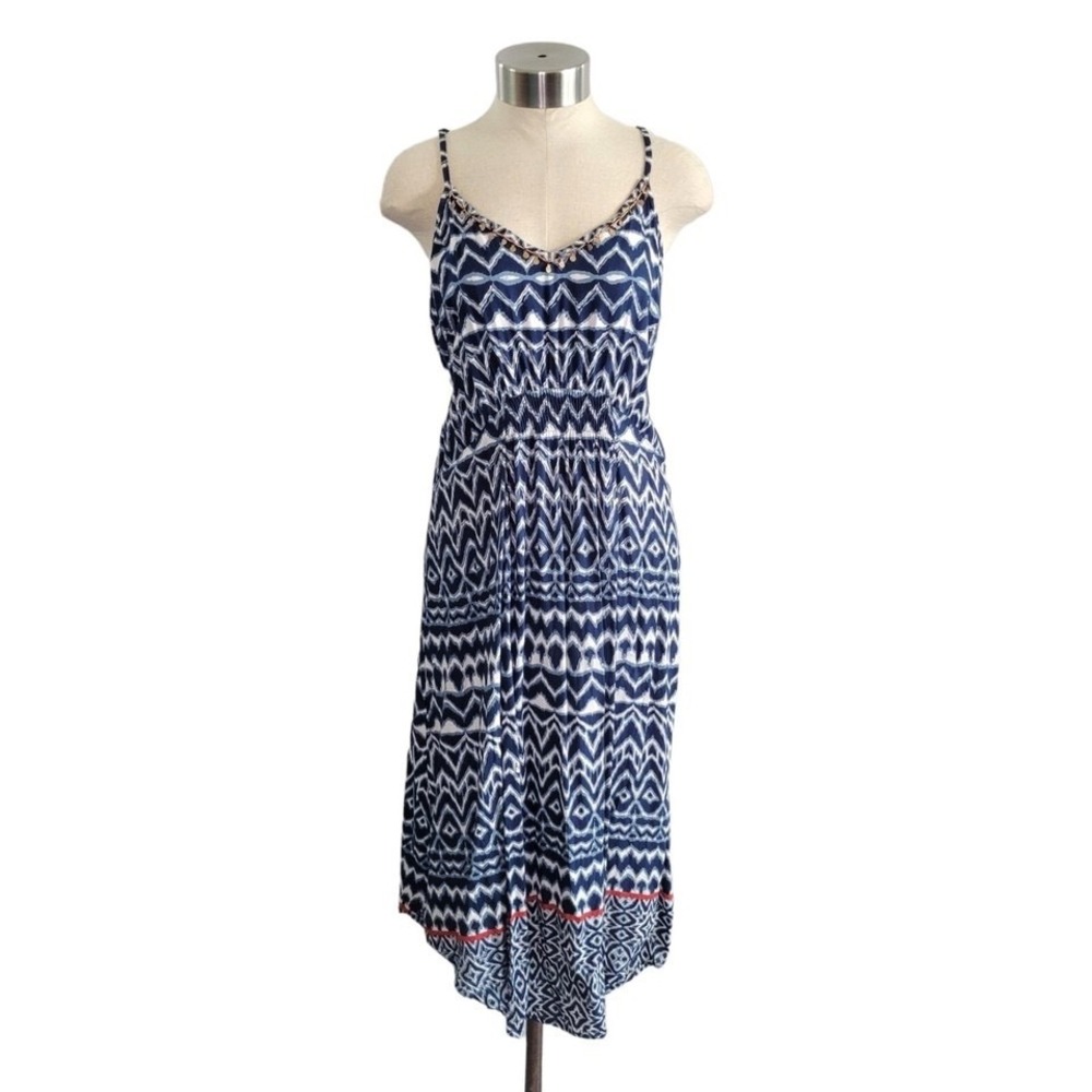 Lola P. Sleeveless Embellished Geo Print Maxi Dress Women's Size M Blue & White
